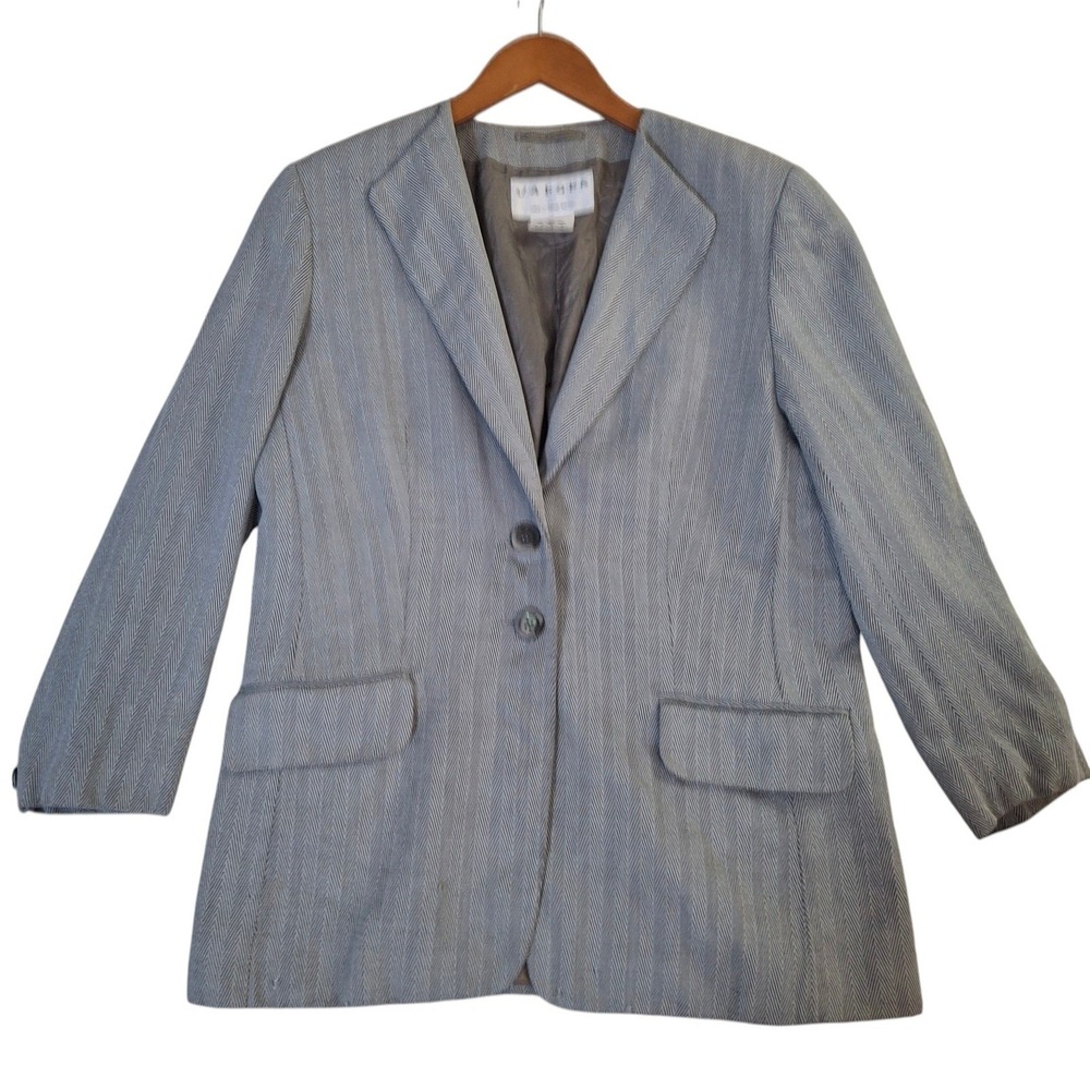 Jaeger Women's‎ Blazer Size 12 Rayon Wool Silk Herringbone Gray Two Button